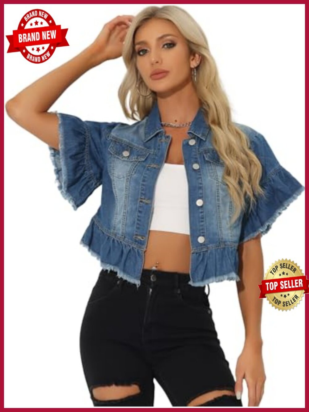 Denim Jacket Button Down Ruffled Short Sleeve Lightweight Peplum Hem Jean Jacket